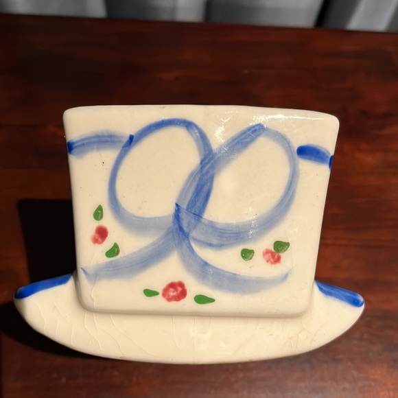 Vintage Planter, Cradle on Rockers Decorated with Blue Bows & Pink Flowers Roses - Picture 7 of 11